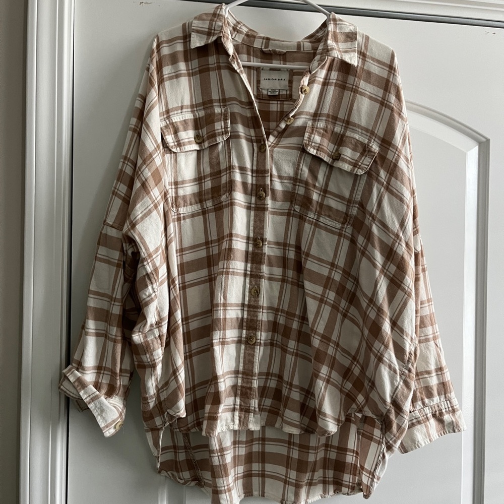 American Eagle Plaid Button-Up Shirt - Brown and Cream